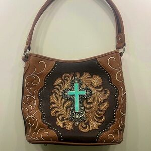 Brown and blue western style purse with a cross design, Montana West Purse!